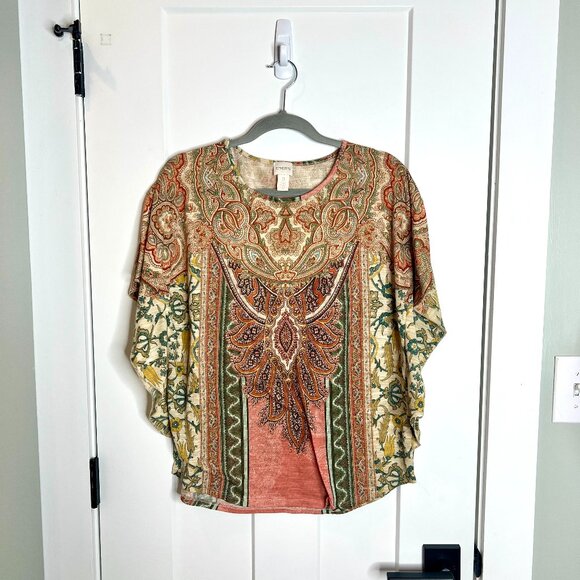 Chico's Bohemian Southwestern Scarf Print Peasant Top Batwing Sleeve XL - Picture 1 of 5